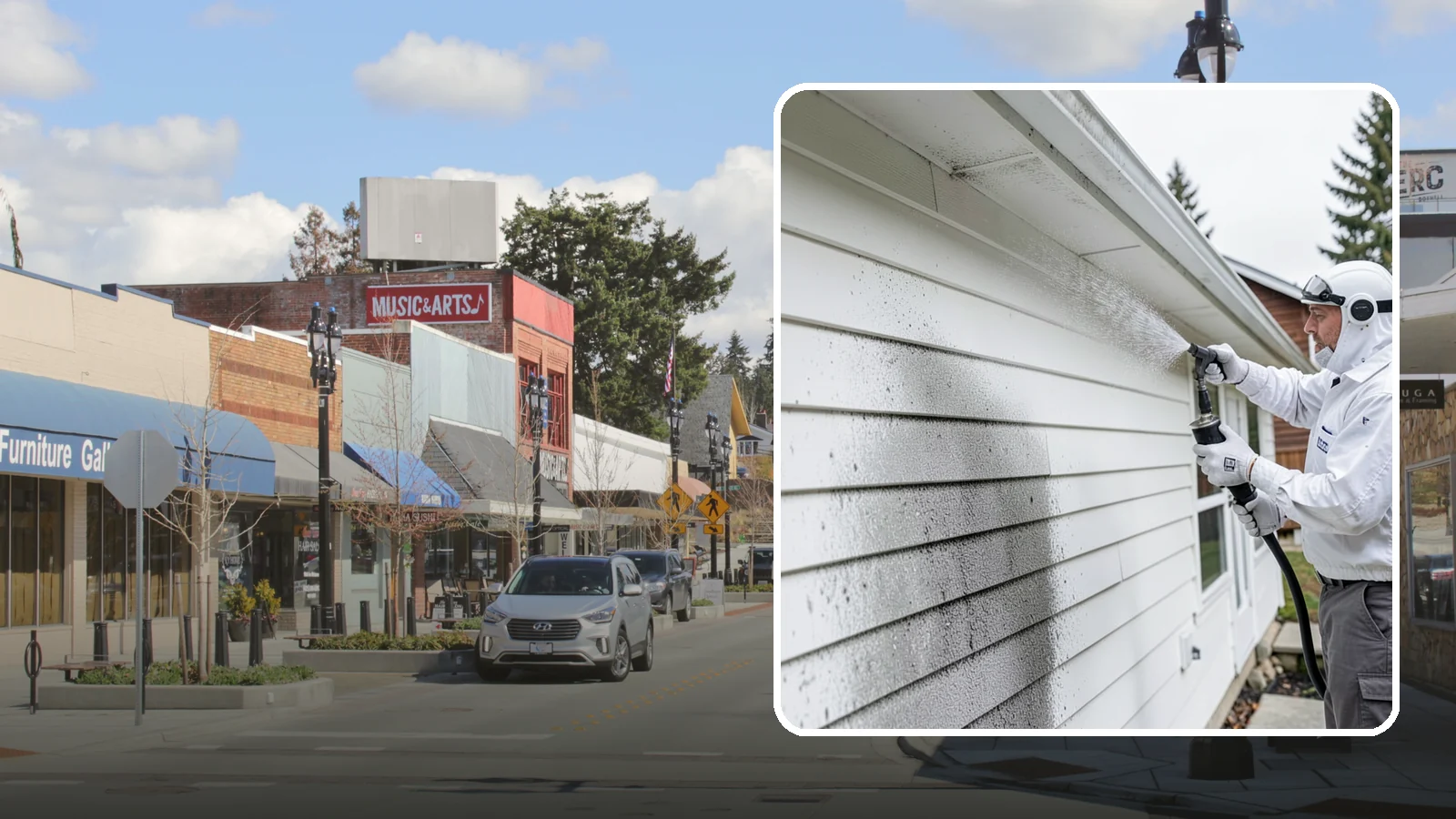 House Mildew Removal in Bothell, King County, WA - House mildew removal eliminates the fuzzy gray and black mildew that our humid, shaded climate spreads across siding and trim.
