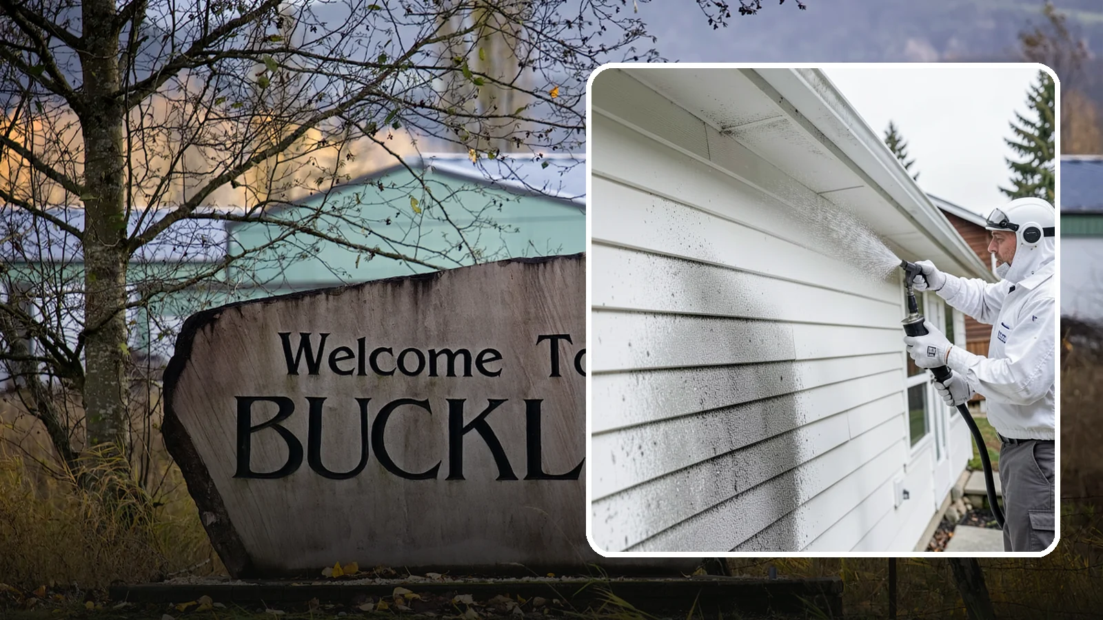 House Mildew Removal in Buckley, Pierce County, WA - House mildew removal eliminates the fuzzy gray and black mildew that our humid, shaded climate spreads across siding and trim.