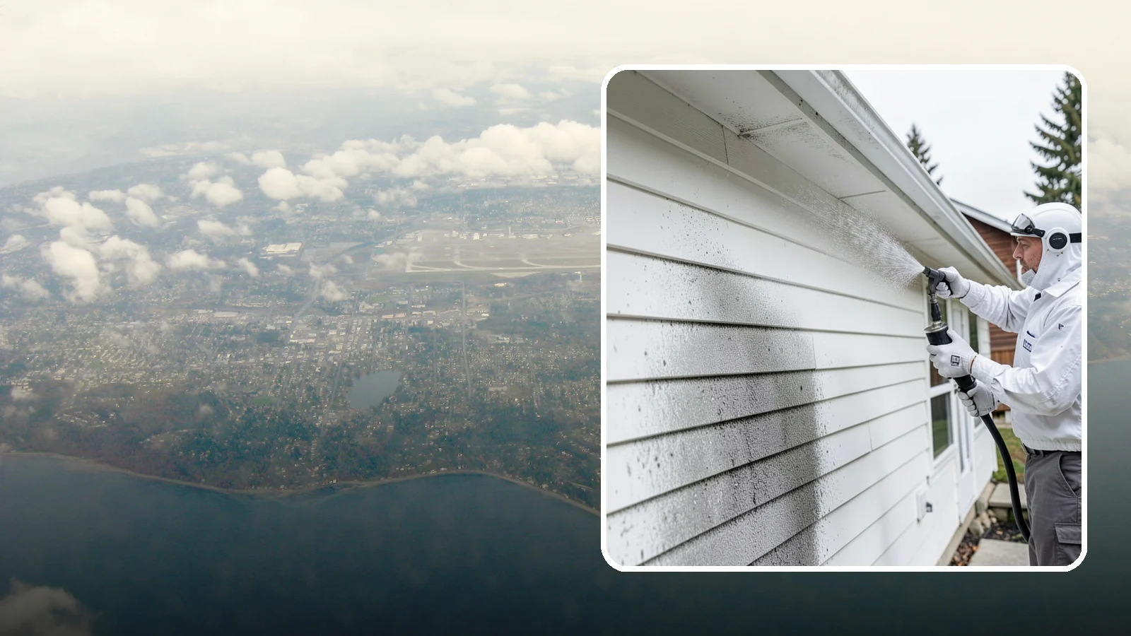House Mildew Removal in Burien, King County, WA - House mildew removal eliminates the fuzzy gray and black mildew that our humid, shaded climate spreads across siding and trim.