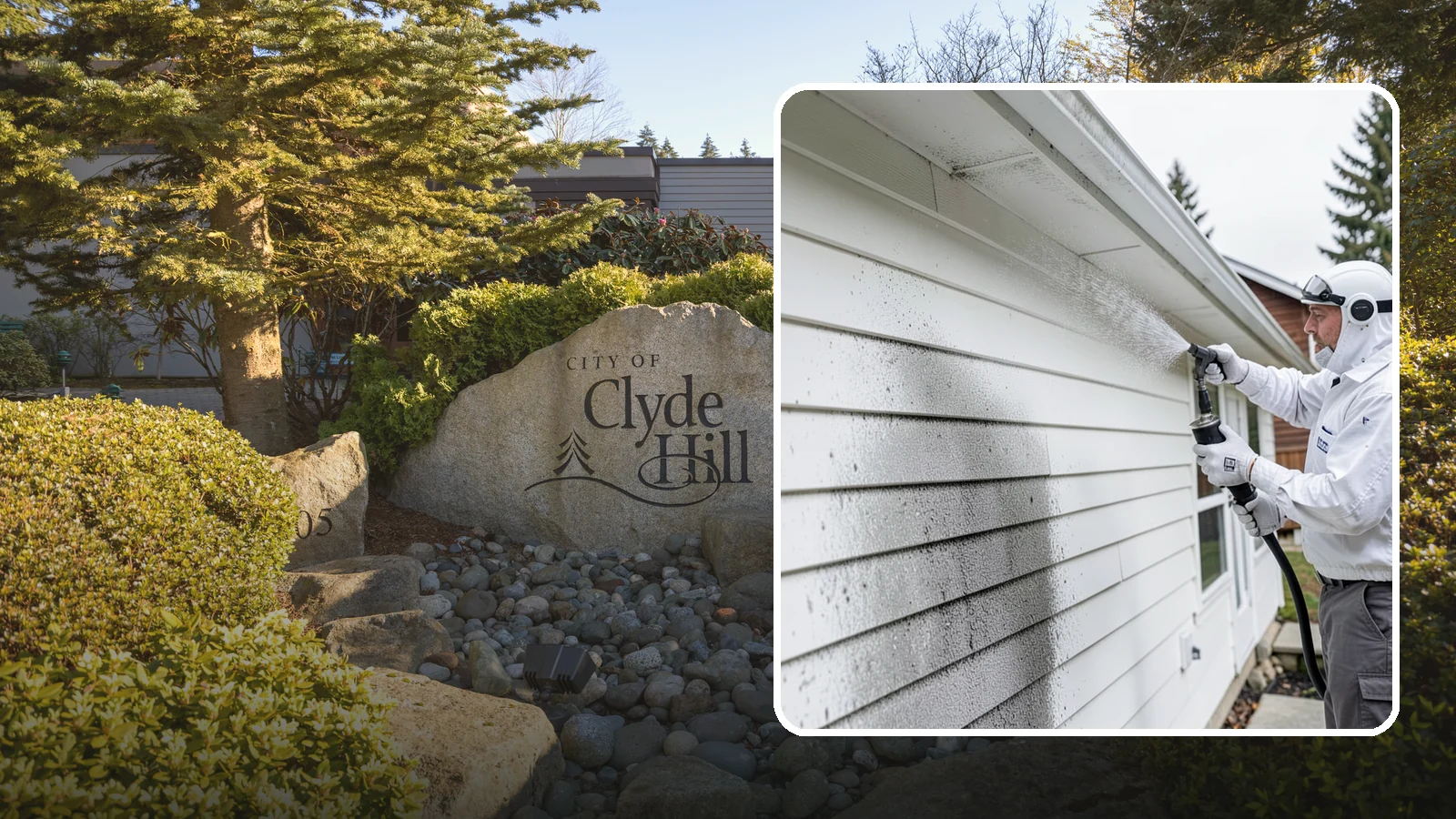 House Mildew Removal in Clyde Hill, King County, WA - House mildew removal eliminates the fuzzy gray and black mildew that our humid, shaded climate spreads across siding and trim.
