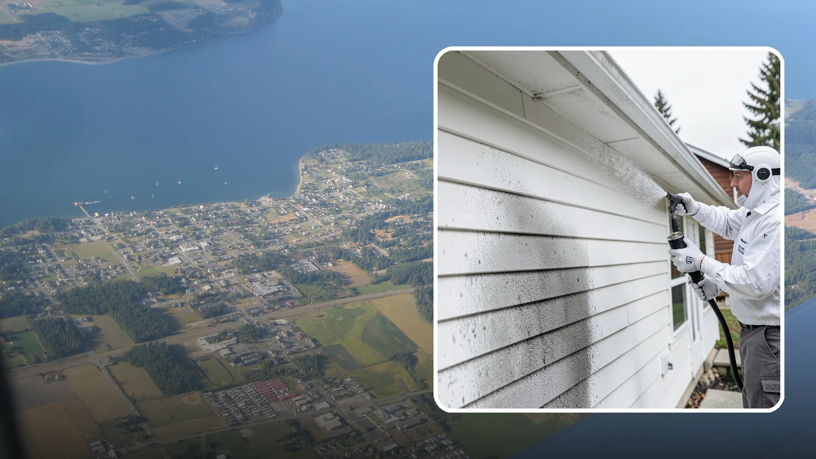 House Mildew Removal in Coupeville, Island County, WA - House mildew removal eliminates the fuzzy gray and black mildew that our humid, shaded climate spreads across siding and trim.
