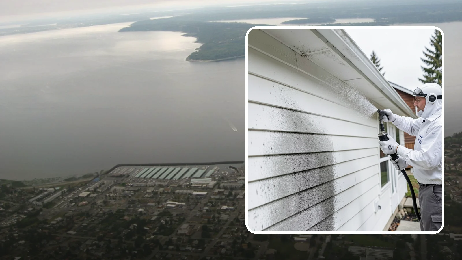 House Mildew Removal in Des Moines, King County, WA - House mildew removal eliminates the fuzzy gray and black mildew that our humid, shaded climate spreads across siding and trim.