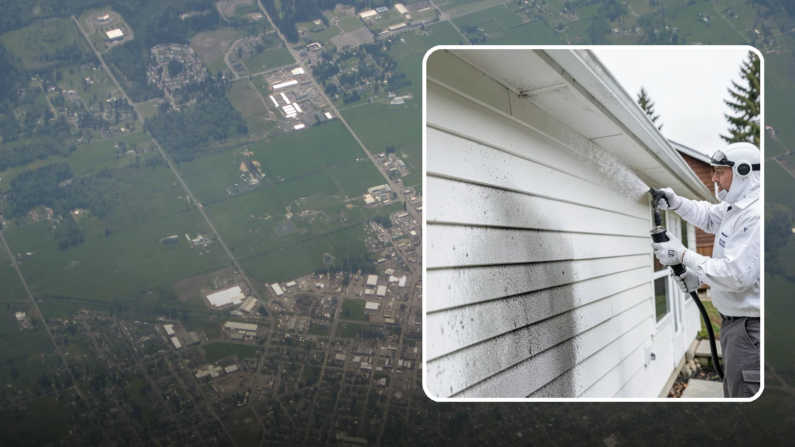 House Mildew Removal in Enumclaw, King County, WA - House mildew removal eliminates the fuzzy gray and black mildew that our humid, shaded climate spreads across siding and trim.