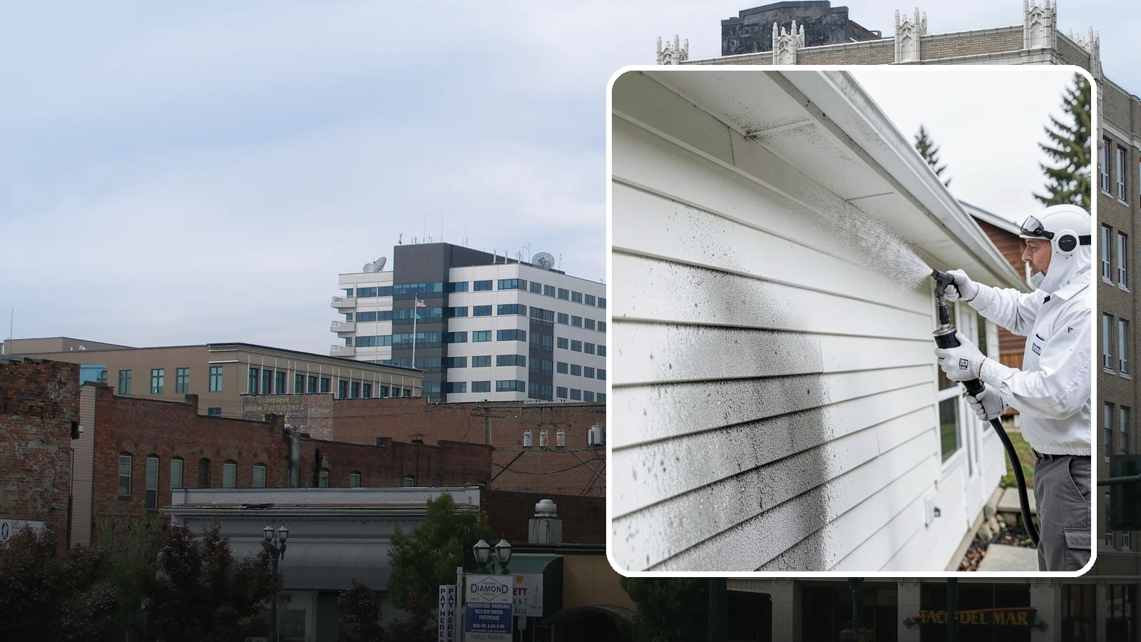 House Mildew Removal in Everett, Snohomish County, WA - House mildew removal eliminates the fuzzy gray and black mildew that our humid, shaded climate spreads across siding and trim.