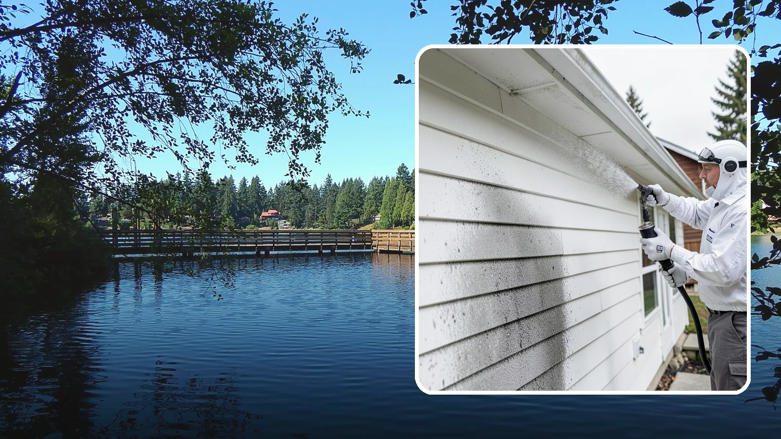 House Mildew Removal in Federal Way, King County, WA - House mildew removal eliminates the fuzzy gray and black mildew that our humid, shaded climate spreads across siding and trim.