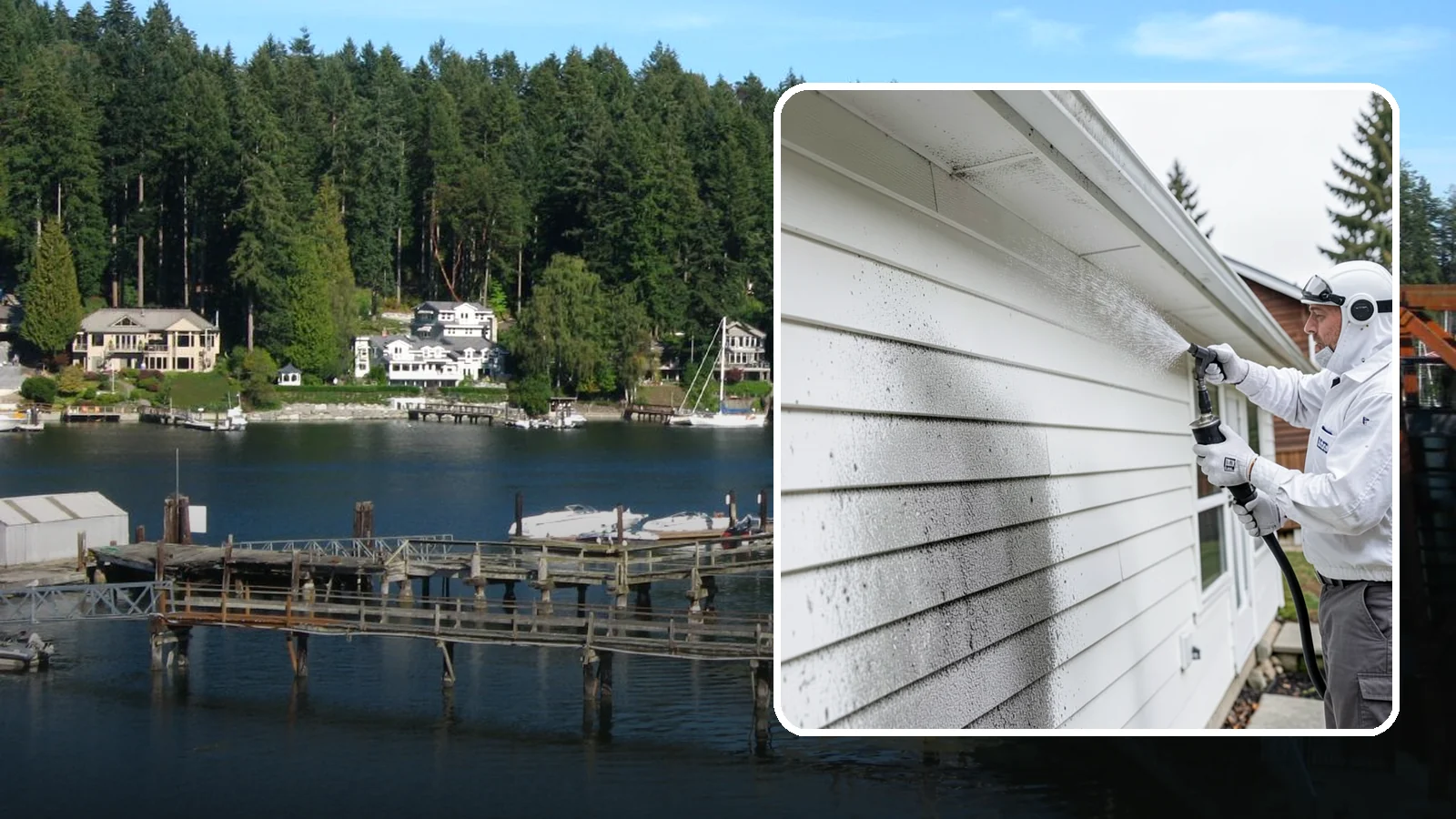 House Mildew Removal in Gig Harbor, Pierce County, WA - House mildew removal eliminates the fuzzy gray and black mildew that our humid, shaded climate spreads across siding and trim.