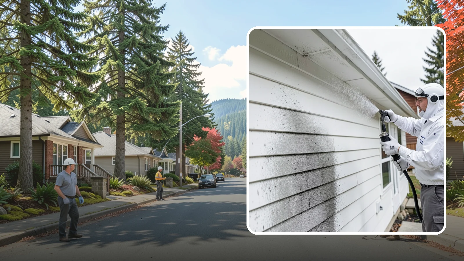 House Mildew Removal in Hunts Point, King County, WA - House mildew removal eliminates the fuzzy gray and black mildew that our humid, shaded climate spreads across siding and trim.