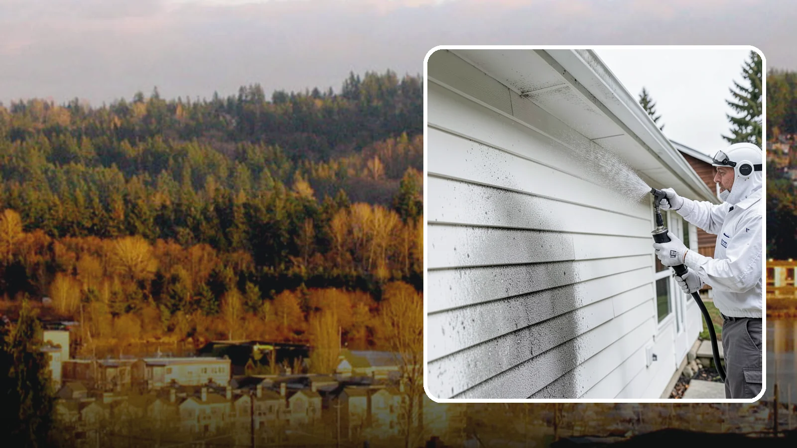 House Mildew Removal in Kenmore, King County, WA - House mildew removal eliminates the fuzzy gray and black mildew that our humid, shaded climate spreads across siding and trim.