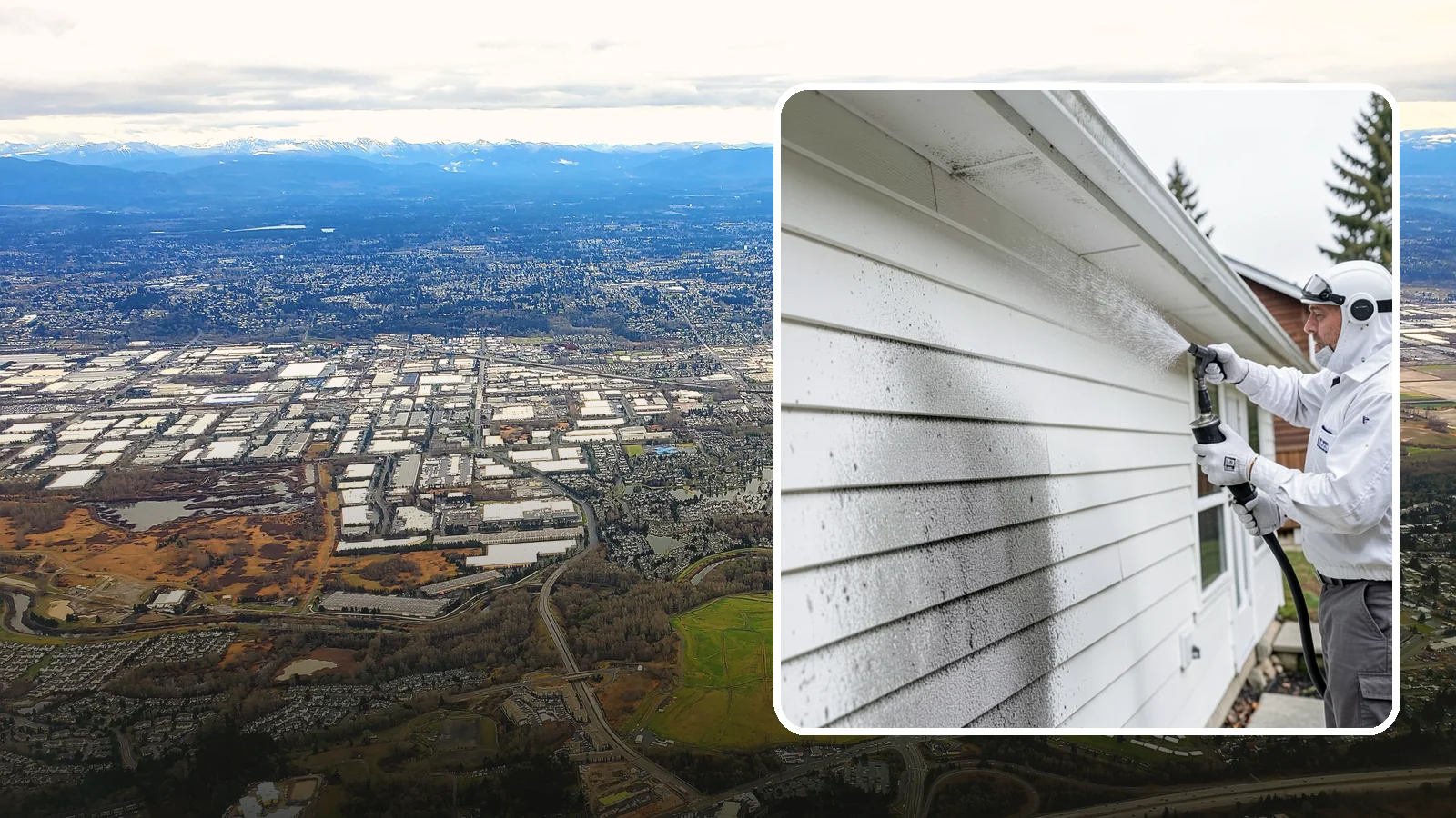 House Mildew Removal in Kent, King County, WA - House mildew removal eliminates the fuzzy gray and black mildew that our humid, shaded climate spreads across siding and trim.