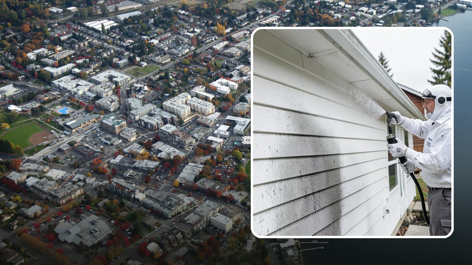 House Mildew Removal in Kirkland, King County, WA - House mildew removal eliminates the fuzzy gray and black mildew that our humid, shaded climate spreads across siding and trim.