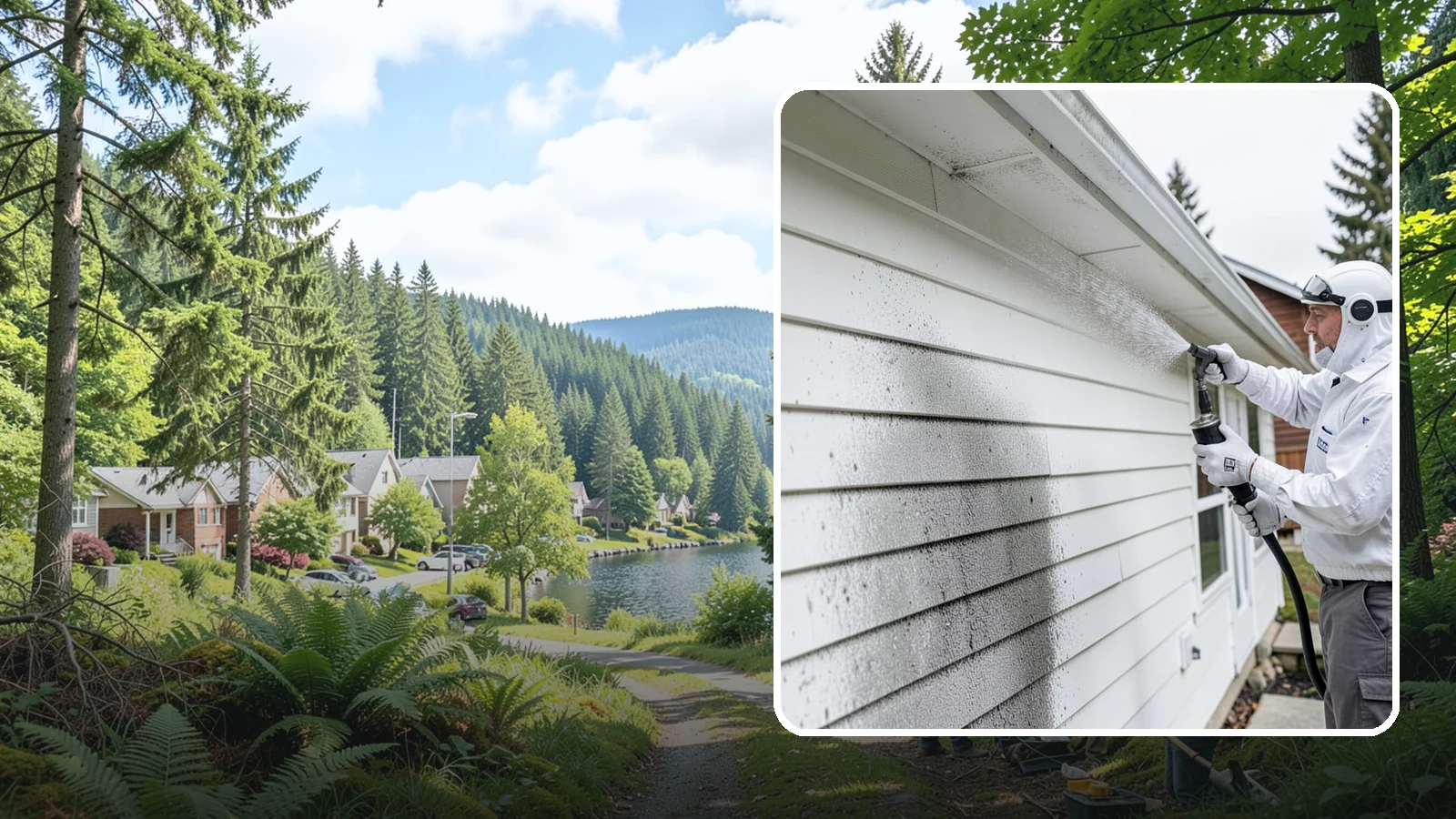 House Mildew Removal in Lake Forest Park, King County, WA - House mildew removal eliminates the fuzzy gray and black mildew that our humid, shaded climate spreads across siding and trim.