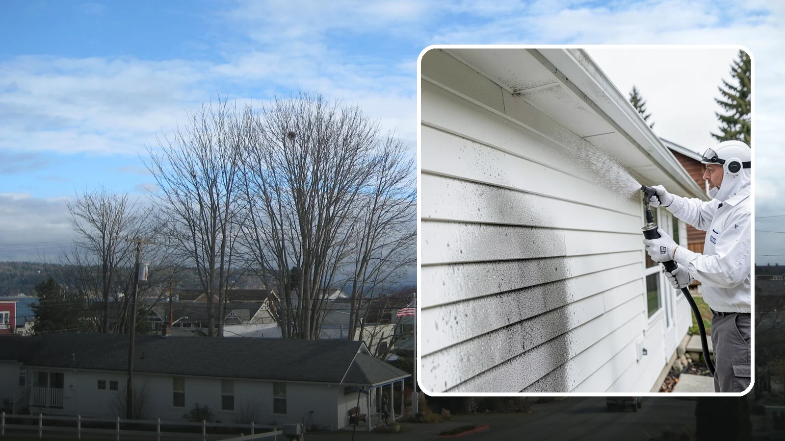 House Mildew Removal in Langley, Island County, WA - House mildew removal eliminates the fuzzy gray and black mildew that our humid, shaded climate spreads across siding and trim.