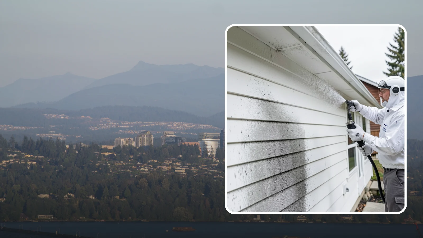 House Mildew Removal in Medina, King County, WA - House mildew removal eliminates the fuzzy gray and black mildew that our humid, shaded climate spreads across siding and trim.