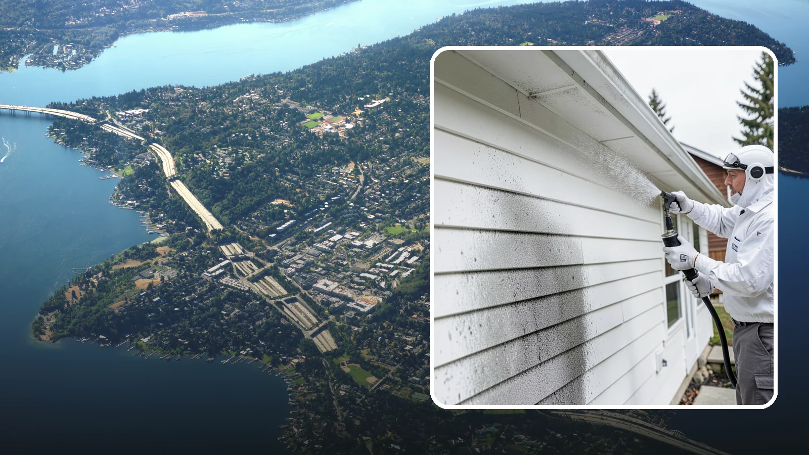 House Mildew Removal in Mercer Island, King County, WA - House mildew removal eliminates the fuzzy gray and black mildew that our humid, shaded climate spreads across siding and trim.