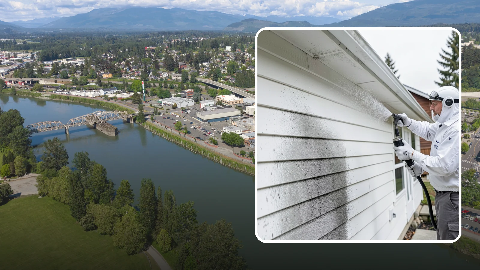 House Mildew Removal in Mount Vernon, Skagit County, WA - House mildew removal eliminates the fuzzy gray and black mildew that our humid, shaded climate spreads across siding and trim.