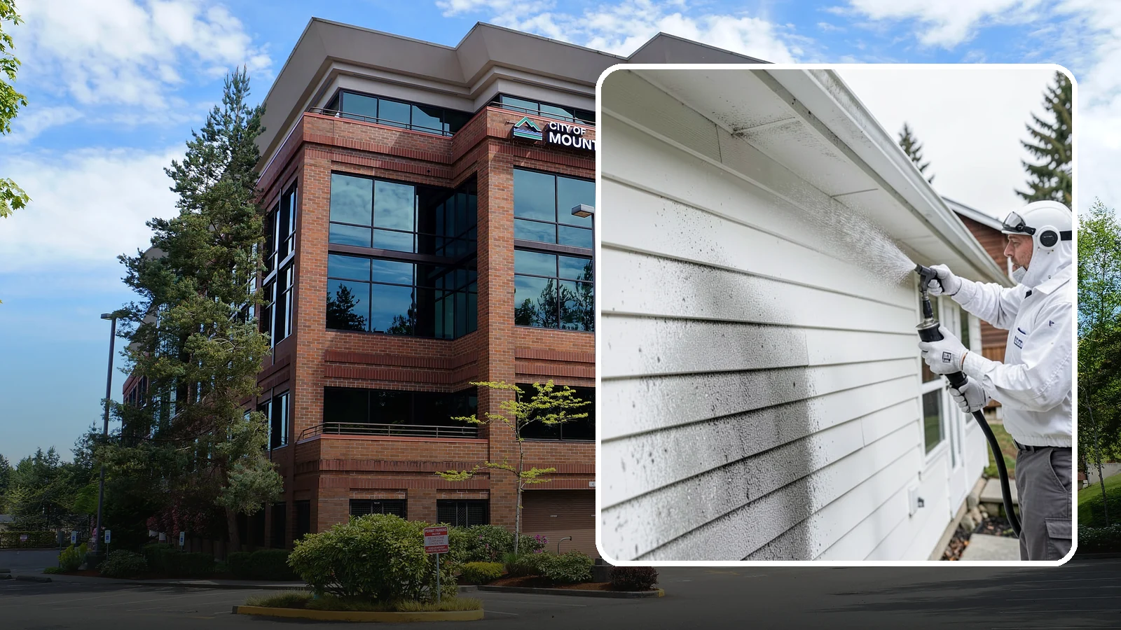 House Mildew Removal in Mountlake Terrace, Snohomish County, WA - House mildew removal eliminates the fuzzy gray and black mildew that our humid, shaded climate spreads across siding and trim.