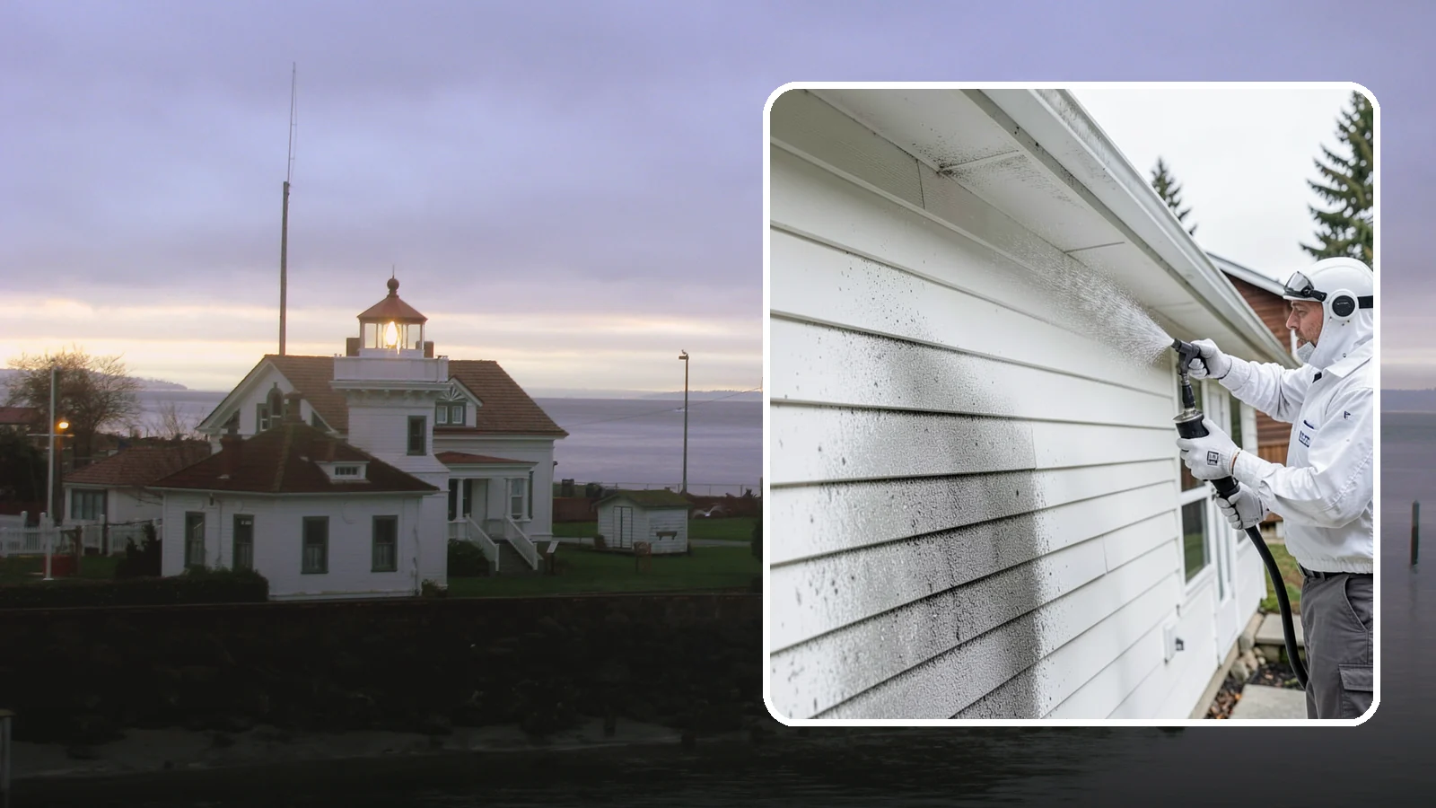 House Mildew Removal in Mukilteo, Snohomish County, WA - House mildew removal eliminates the fuzzy gray and black mildew that our humid, shaded climate spreads across siding and trim.