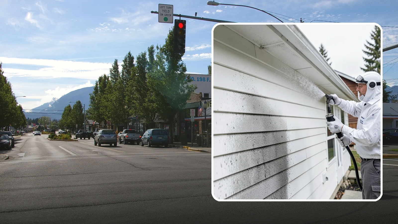 House Mildew Removal in North Bend, King County, WA - House mildew removal eliminates the fuzzy gray and black mildew that our humid, shaded climate spreads across siding and trim.