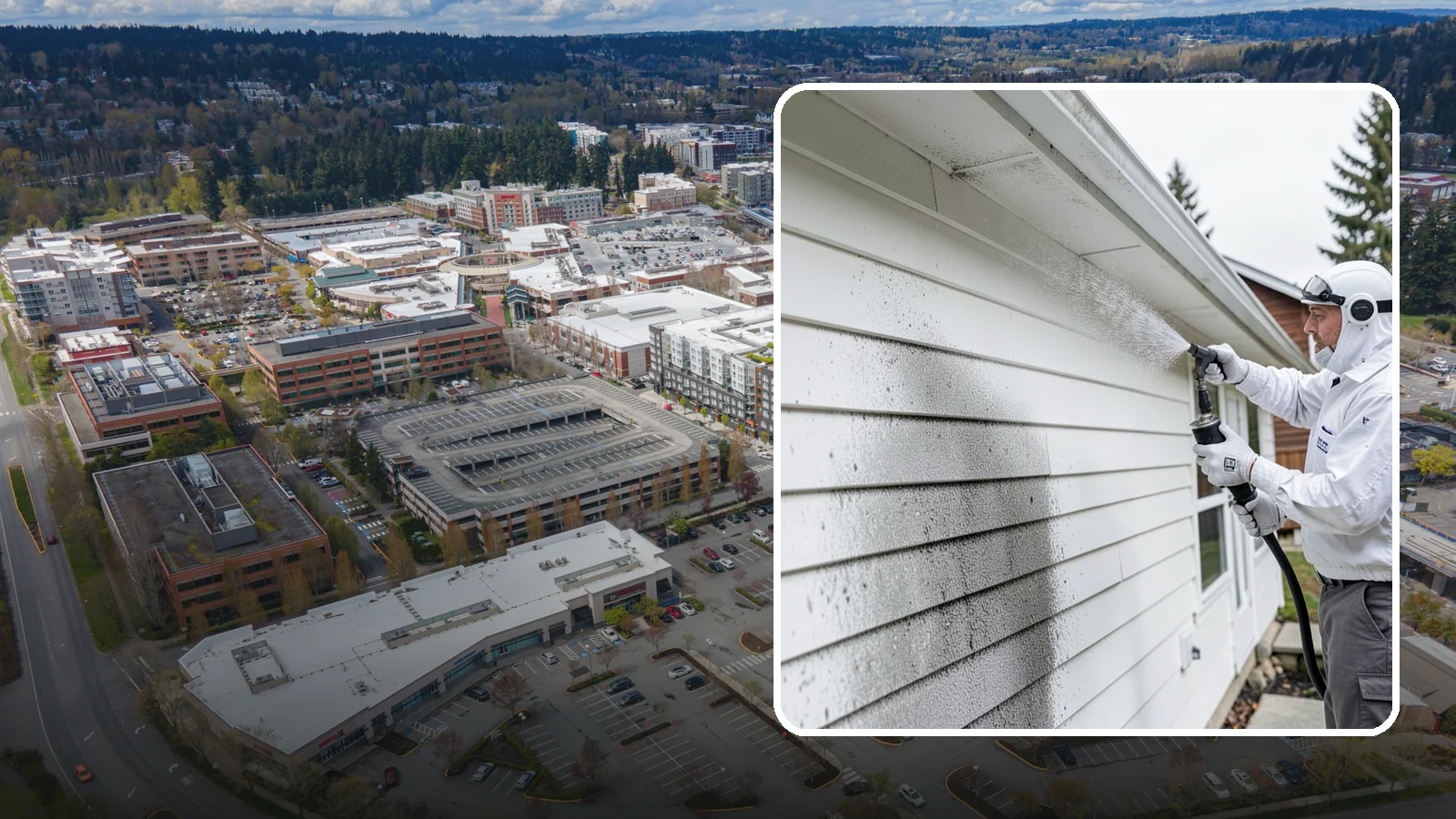 House Mildew Removal in Redmond, King County, WA - House mildew removal eliminates the fuzzy gray and black mildew that our humid, shaded climate spreads across siding and trim.