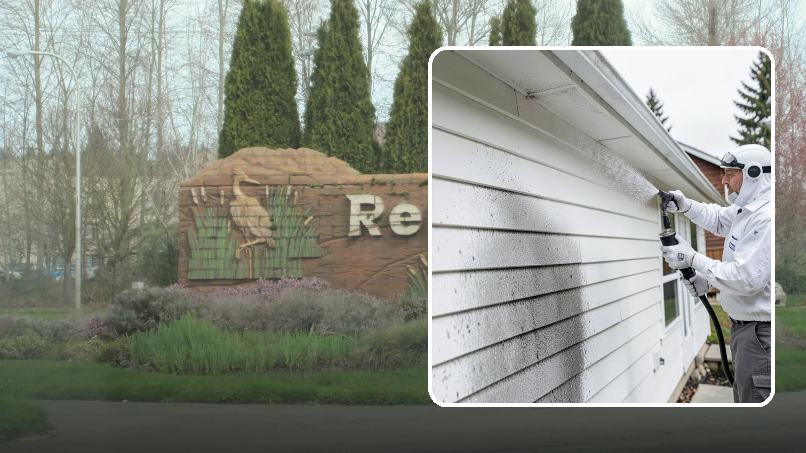 House Mildew Removal in Renton, King County, WA - House mildew removal eliminates the fuzzy gray and black mildew that our humid, shaded climate spreads across siding and trim.