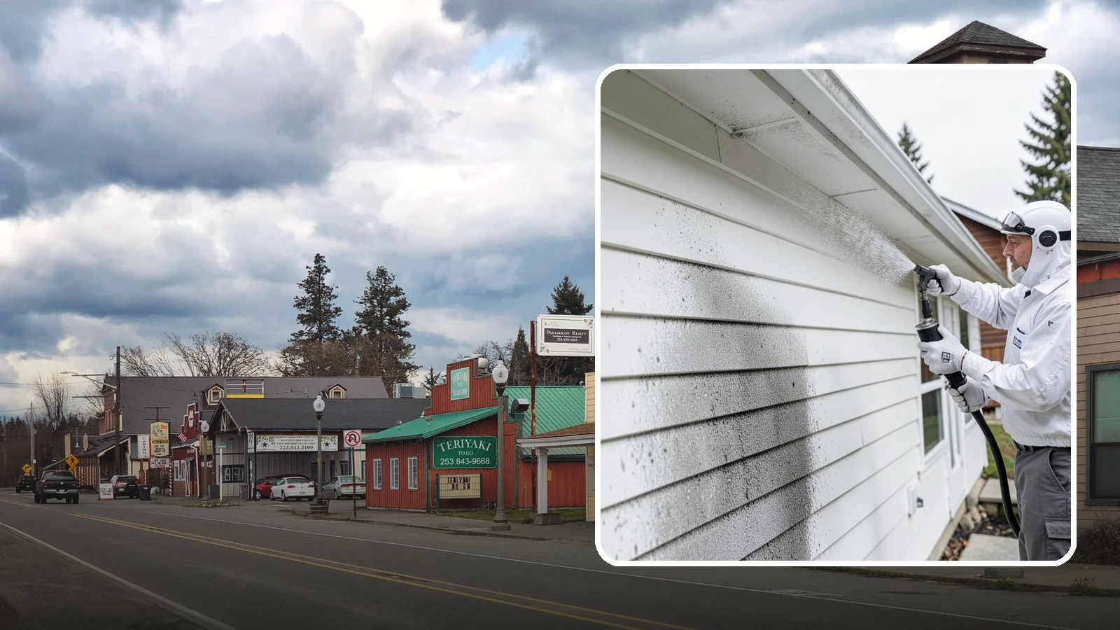 House Mildew Removal in Roy, Pierce County, WA - House mildew removal eliminates the fuzzy gray and black mildew that our humid, shaded climate spreads across siding and trim.