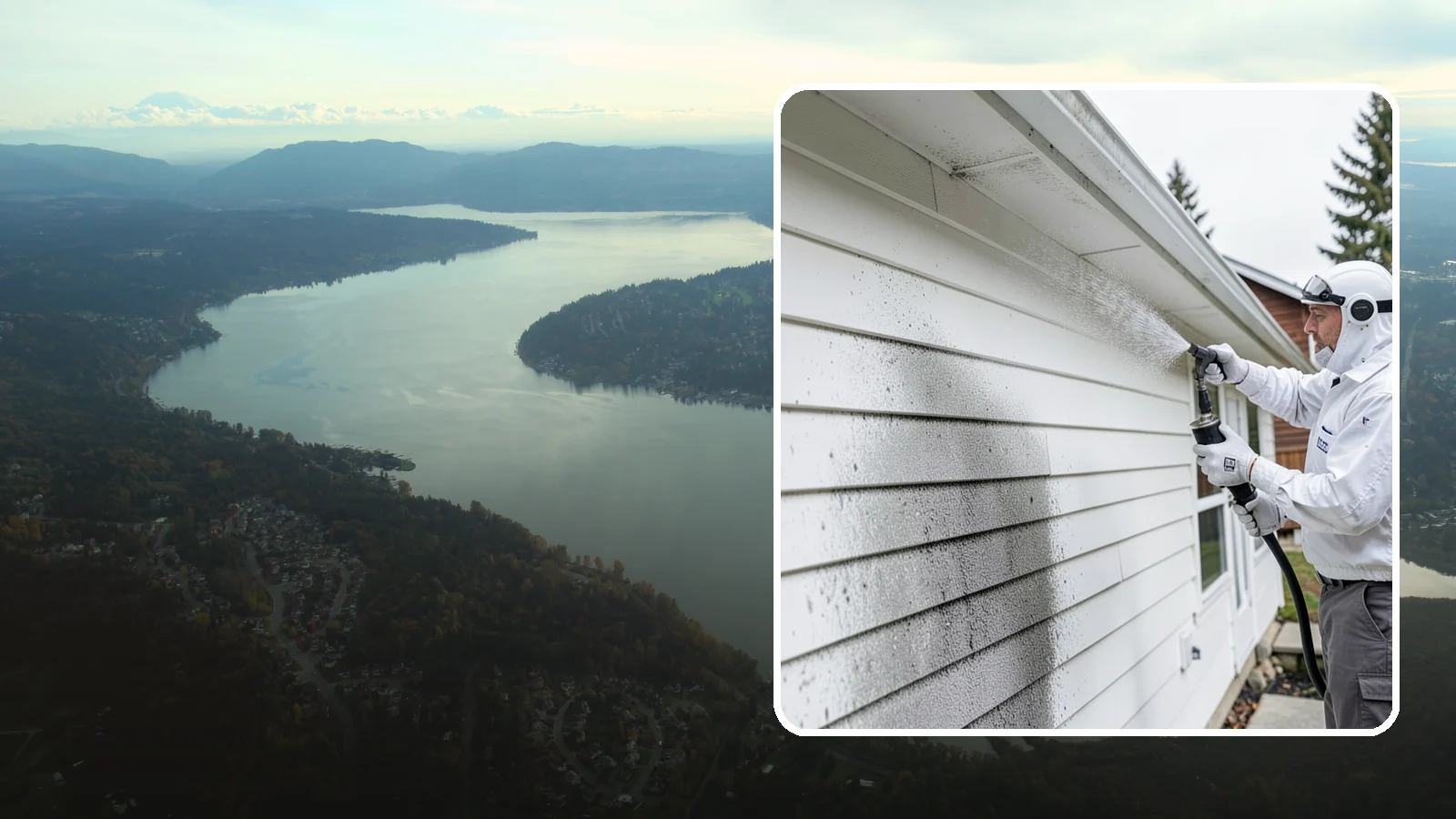 House Mildew Removal in Sammamish, King County, WA - House mildew removal eliminates the fuzzy gray and black mildew that our humid, shaded climate spreads across siding and trim.