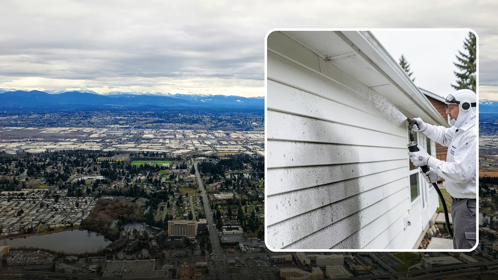 House Mildew Removal in SeaTac, King County, WA - House mildew removal eliminates the fuzzy gray and black mildew that our humid, shaded climate spreads across siding and trim.