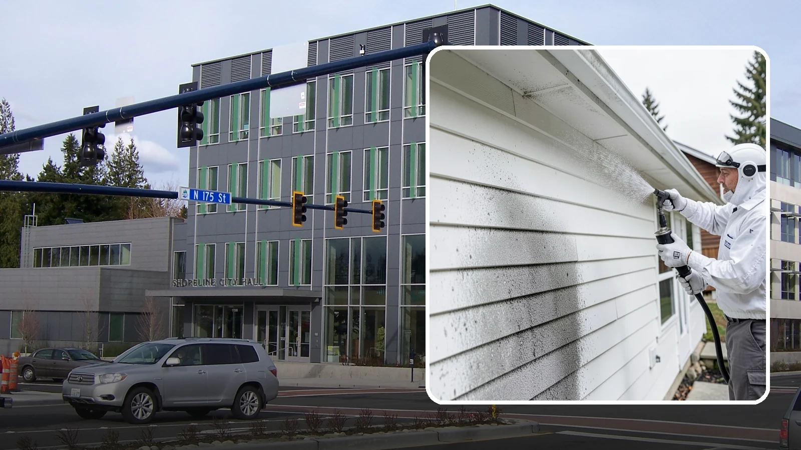 House Mildew Removal in Shoreline, King County, WA - House mildew removal eliminates the fuzzy gray and black mildew that our humid, shaded climate spreads across siding and trim.