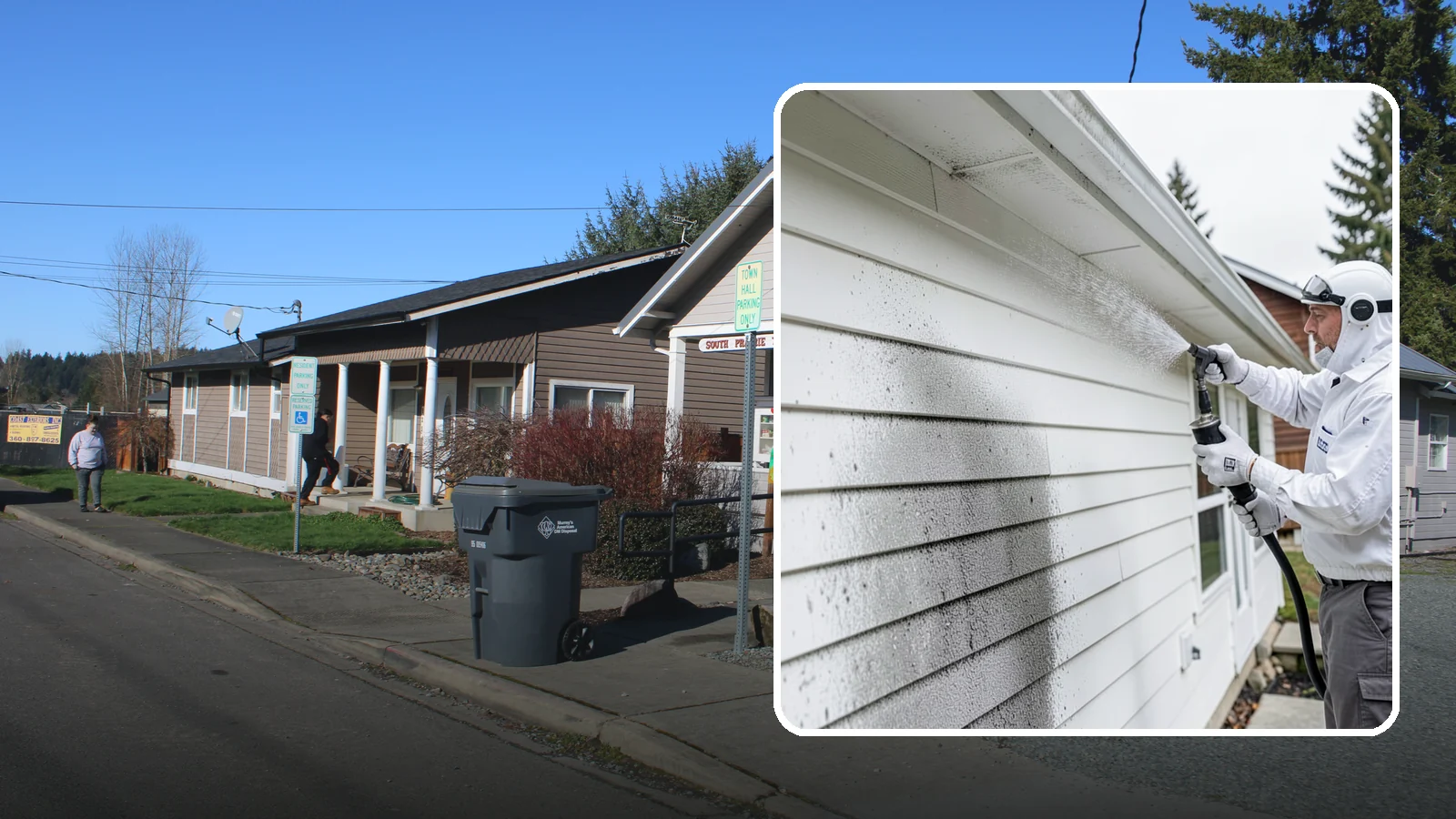 House Mildew Removal in South Prairie, Pierce County, WA - House mildew removal eliminates the fuzzy gray and black mildew that our humid, shaded climate spreads across siding and trim.