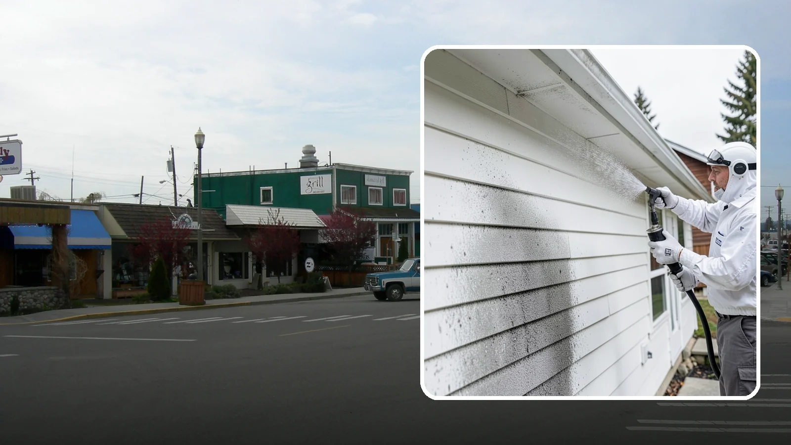 House Mildew Removal in Stanwood, Snohomish County, WA - House mildew removal eliminates the fuzzy gray and black mildew that our humid, shaded climate spreads across siding and trim.