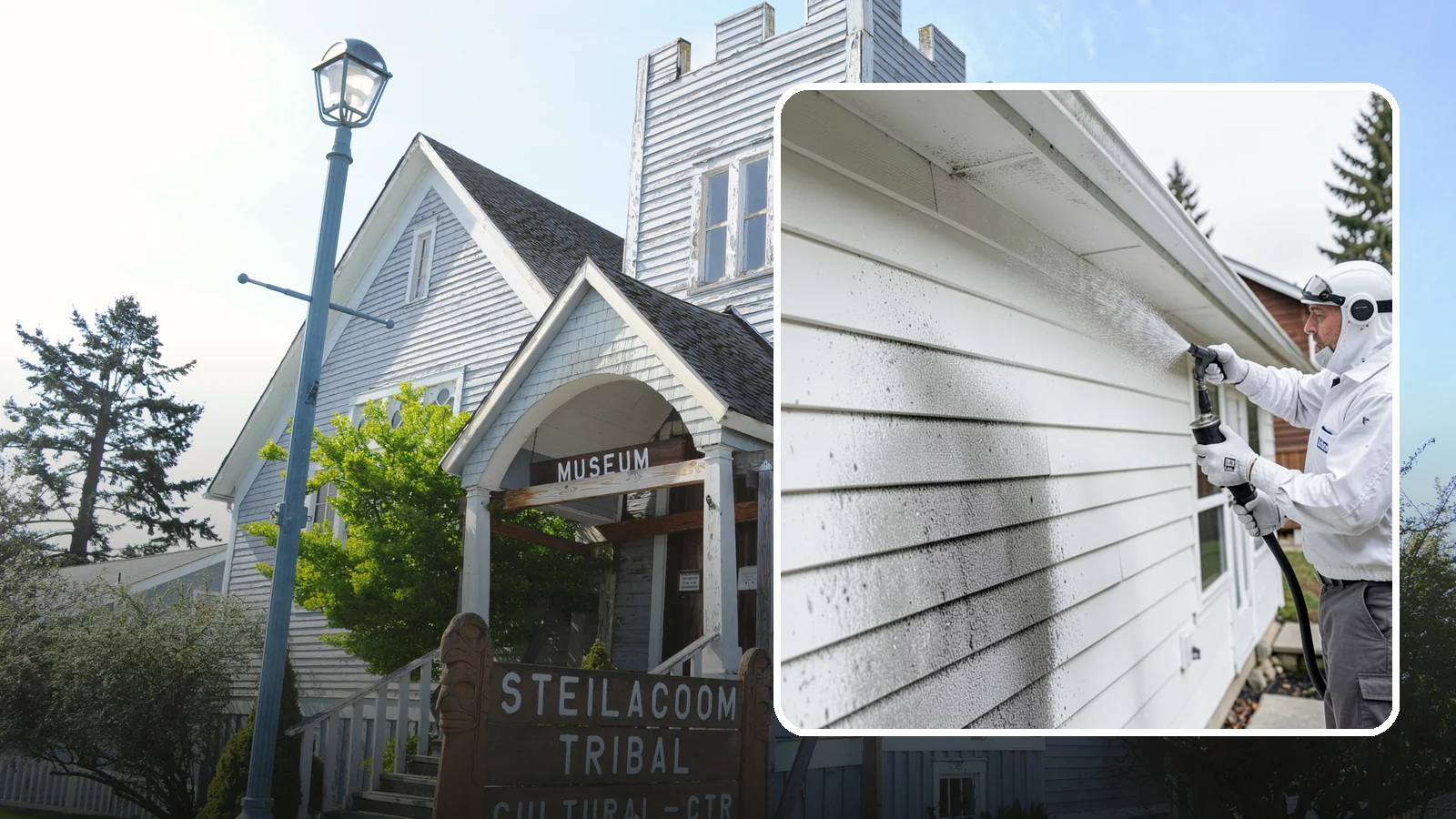 House Mildew Removal in Steilacoom, Pierce County, WA - House mildew removal eliminates the fuzzy gray and black mildew that our humid, shaded climate spreads across siding and trim.
