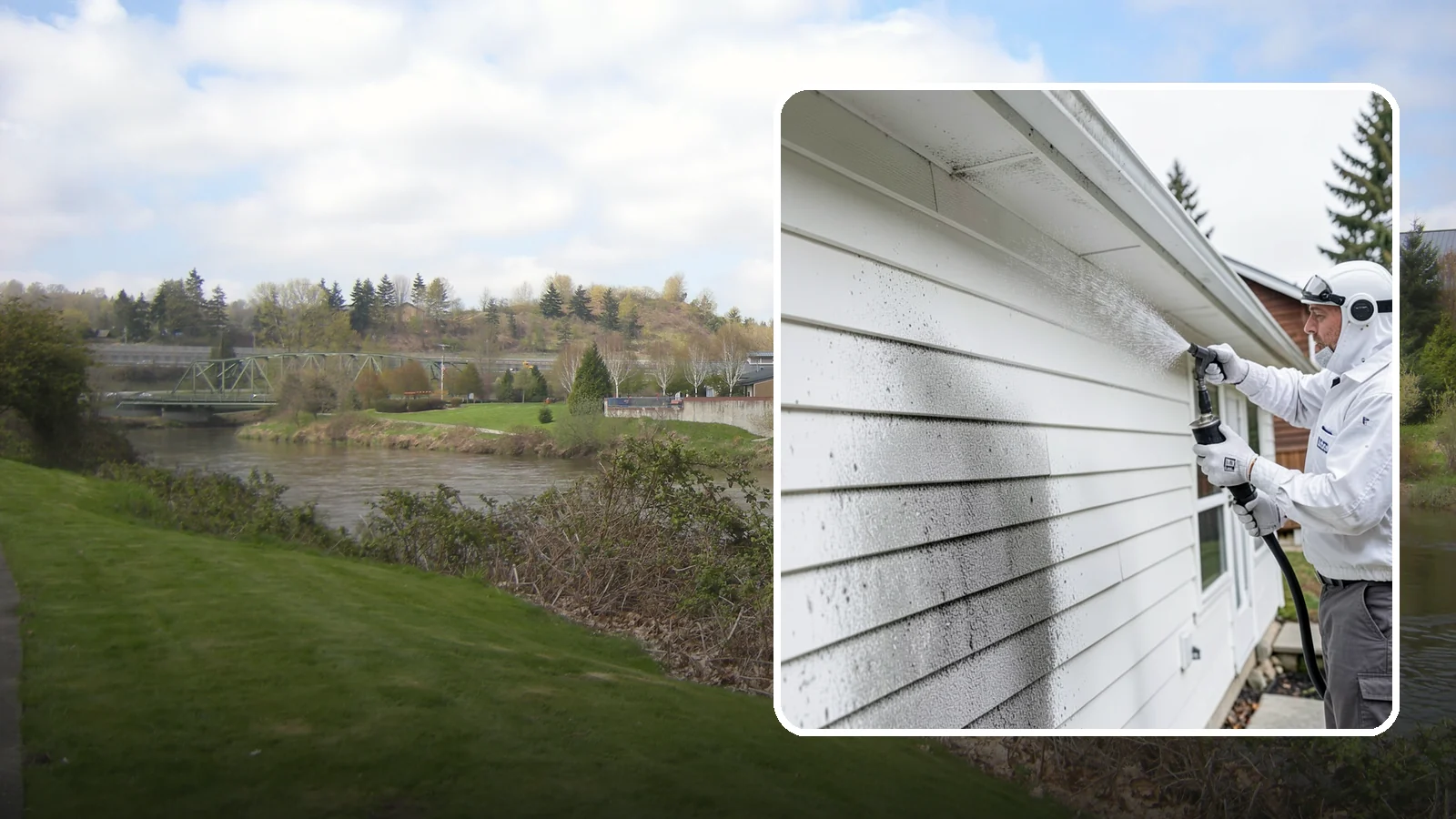 House Mildew Removal in Tukwila, King County, WA - House mildew removal eliminates the fuzzy gray and black mildew that our humid, shaded climate spreads across siding and trim.
