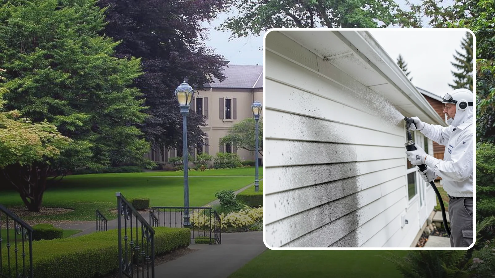 House Mildew Removal in Woodinville, King County, WA - House mildew removal eliminates the fuzzy gray and black mildew that our humid, shaded climate spreads across siding and trim.