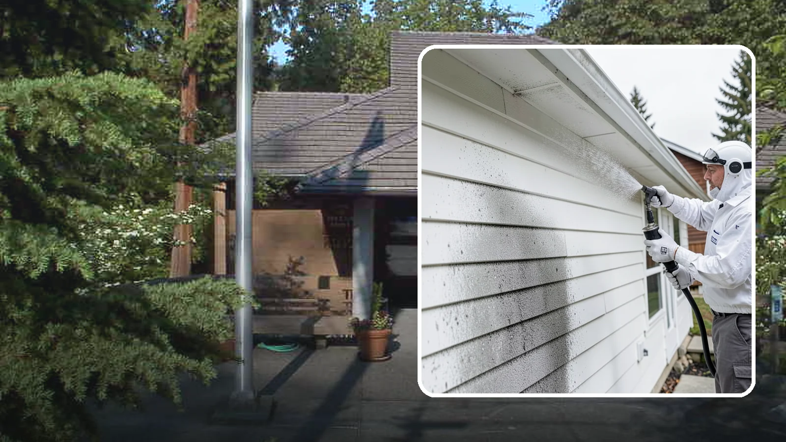 House Mildew Removal in Yarrow Point, King County, WA - House mildew removal eliminates the fuzzy gray and black mildew that our humid, shaded climate spreads across siding and trim.