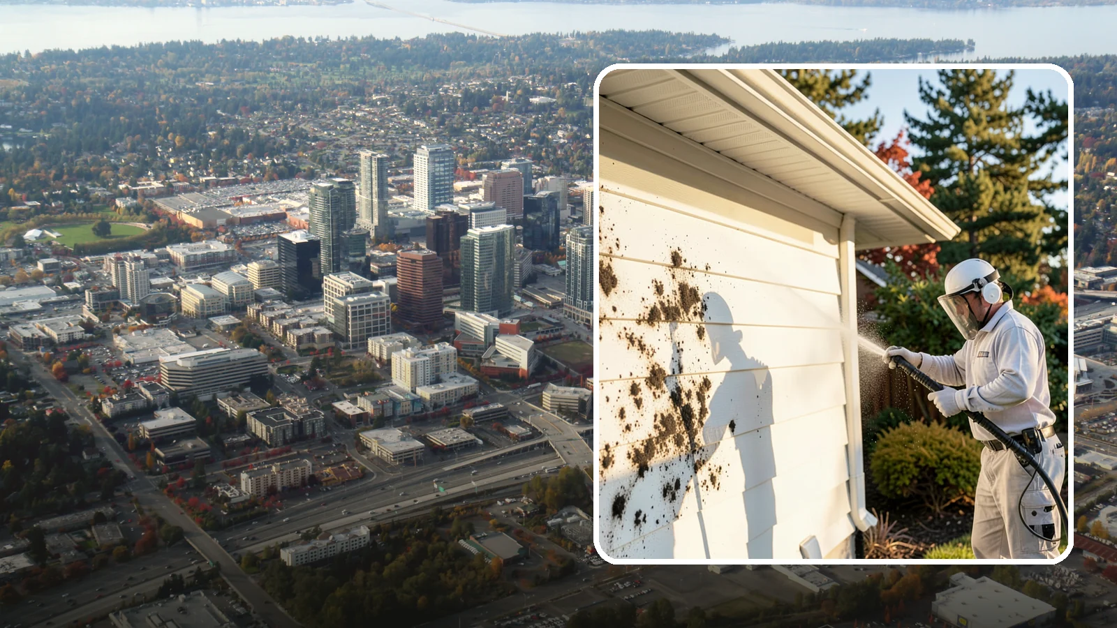 House Mold Removal in Bellevue, King County, WA - House mold removal treats the darker mold colonies that take hold on damp siding in our shaded, consistently wet conditions.