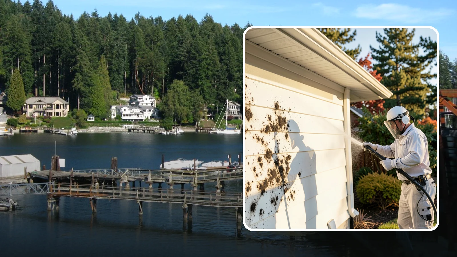 House Mold Removal in Gig Harbor, Pierce County, WA - House mold removal treats the darker mold colonies that take hold on damp siding in our shaded, consistently wet conditions.