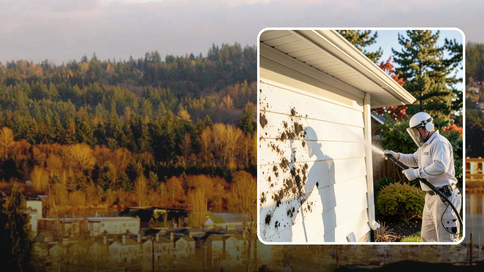 House Mold Removal in Kenmore, King County, WA - House mold removal treats the darker mold colonies that take hold on damp siding in our shaded, consistently wet conditions.