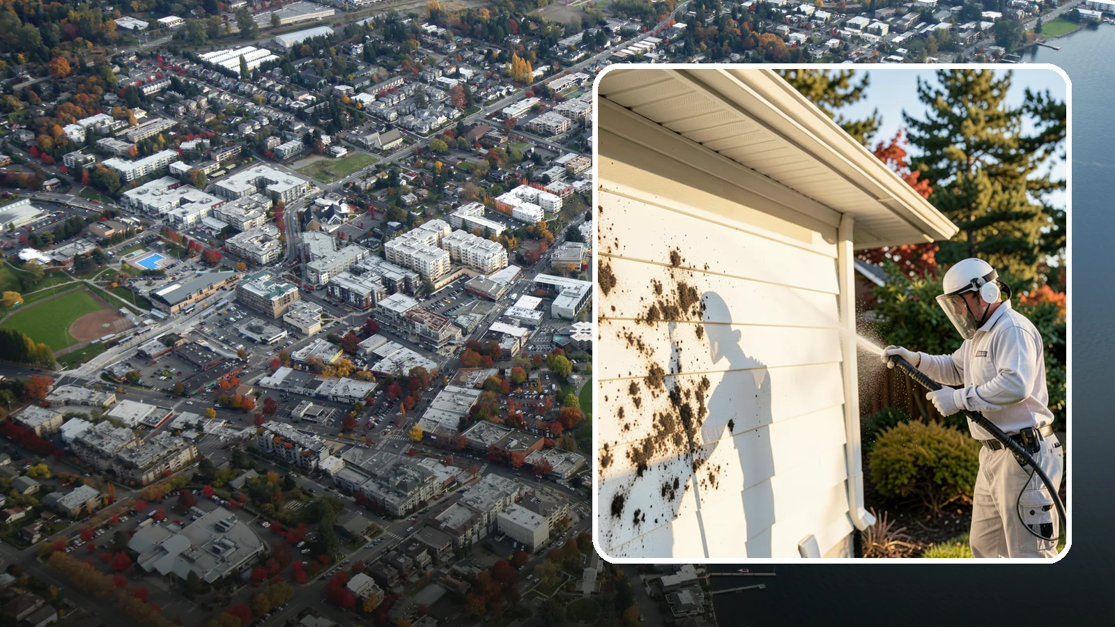 House Mold Removal in Kirkland, King County, WA - House mold removal treats the darker mold colonies that take hold on damp siding in our shaded, consistently wet conditions.