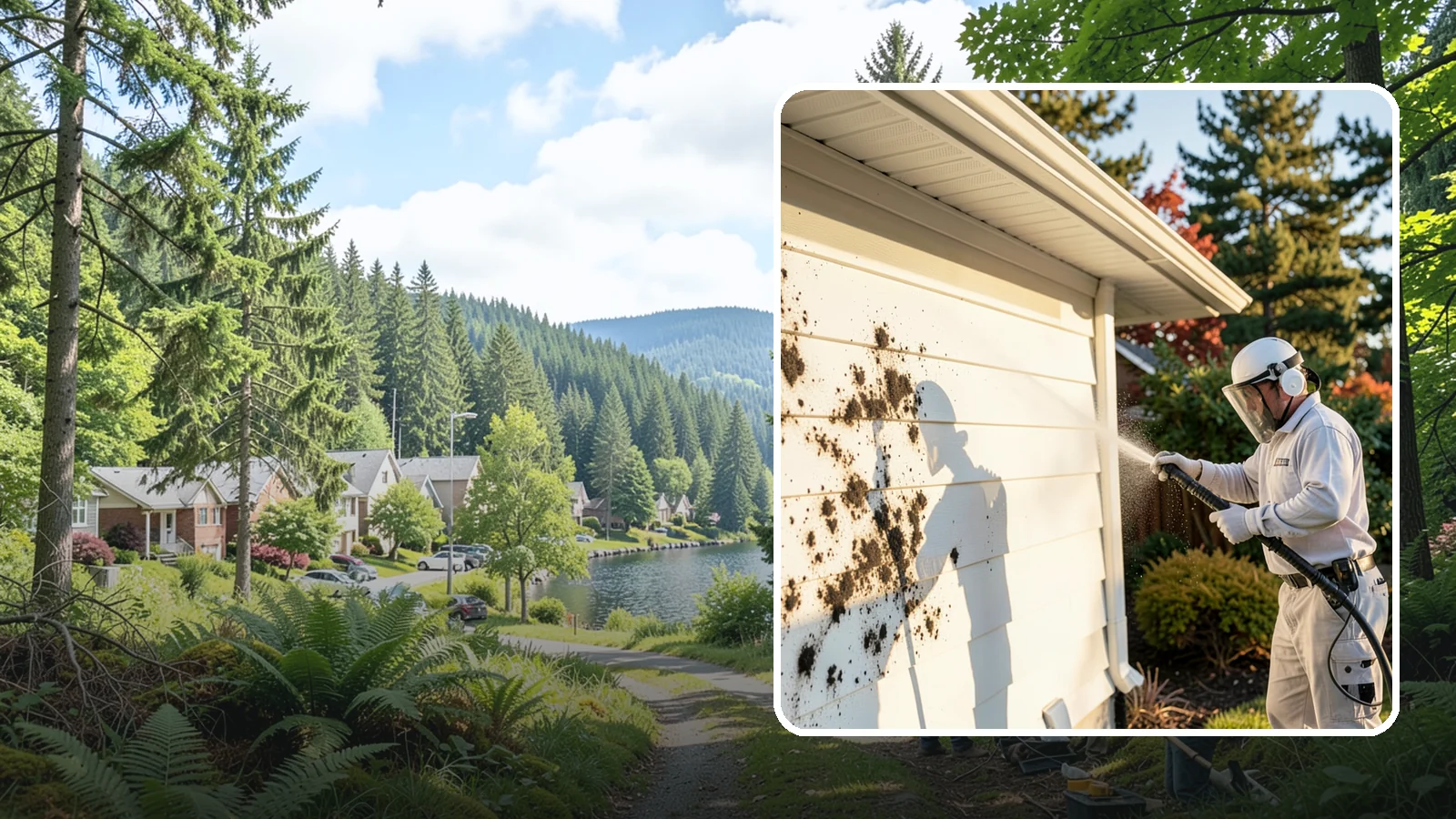 House Mold Removal in Lake Forest Park, King County, WA - House mold removal treats the darker mold colonies that take hold on damp siding in our shaded, consistently wet conditions.