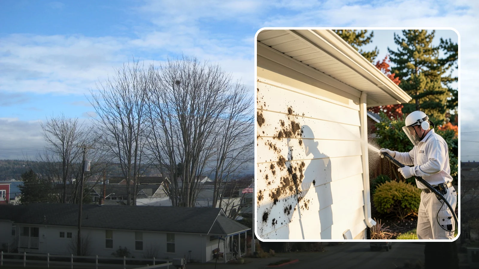 House Mold Removal in Langley, Island County, WA - House mold removal treats the darker mold colonies that take hold on damp siding in our shaded, consistently wet conditions.