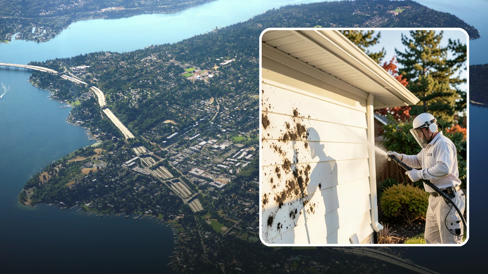 House Mold Removal in Mercer Island, King County, WA - House mold removal treats the darker mold colonies that take hold on damp siding in our shaded, consistently wet conditions.