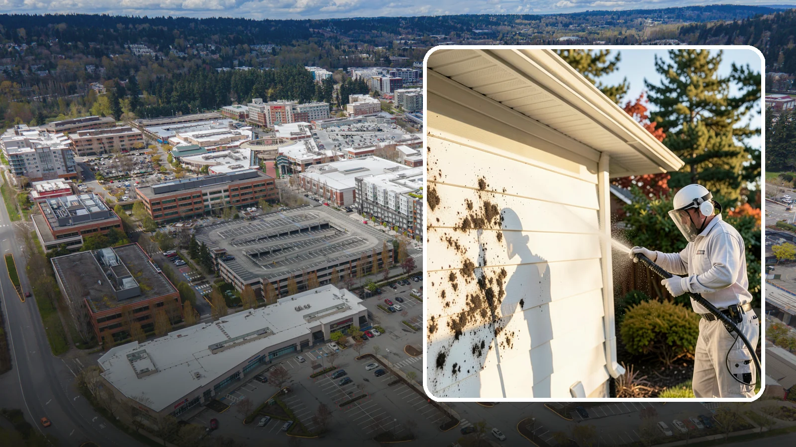 House Mold Removal in Redmond, King County, WA - House mold removal treats the darker mold colonies that take hold on damp siding in our shaded, consistently wet conditions.