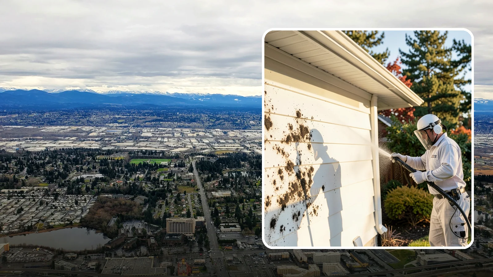 House Mold Removal in SeaTac, King County, WA - House mold removal treats the darker mold colonies that take hold on damp siding in our shaded, consistently wet conditions.