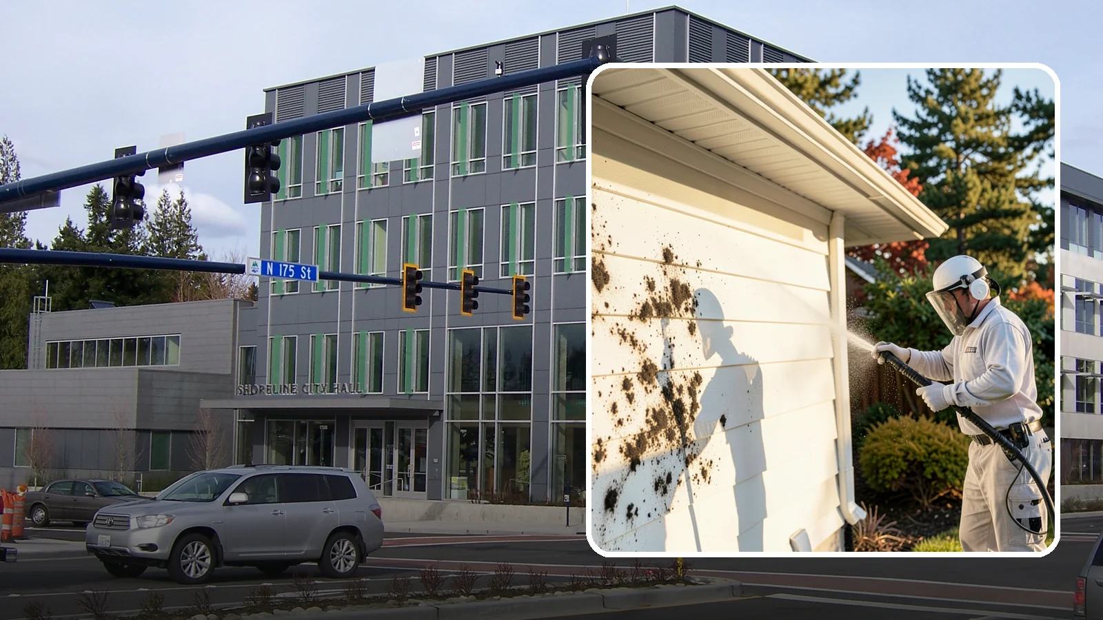 House Mold Removal in Shoreline, King County, WA - House mold removal treats the darker mold colonies that take hold on damp siding in our shaded, consistently wet conditions.