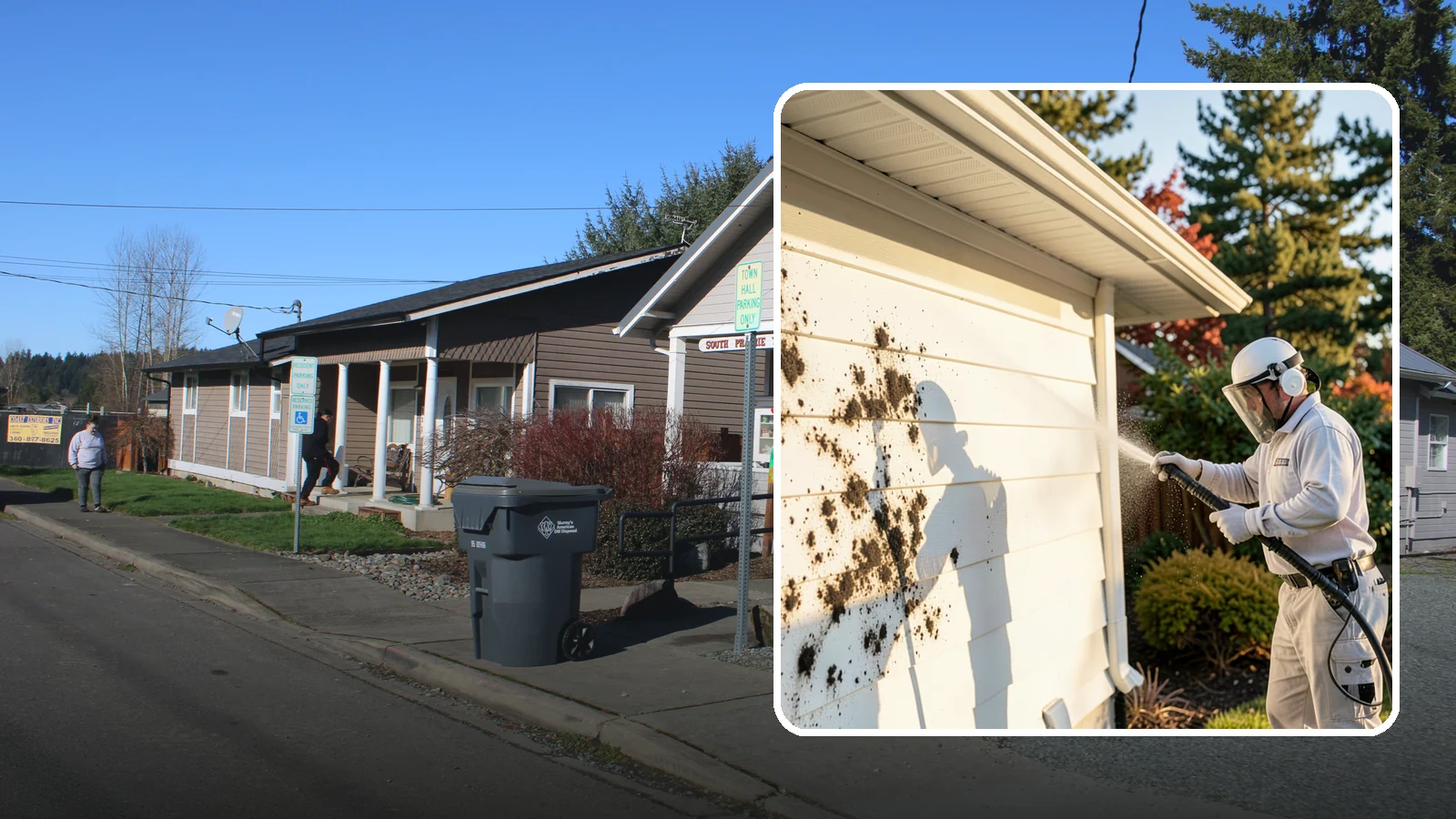 House Mold Removal in South Prairie, Pierce County, WA - House mold removal treats the darker mold colonies that take hold on damp siding in our shaded, consistently wet conditions.