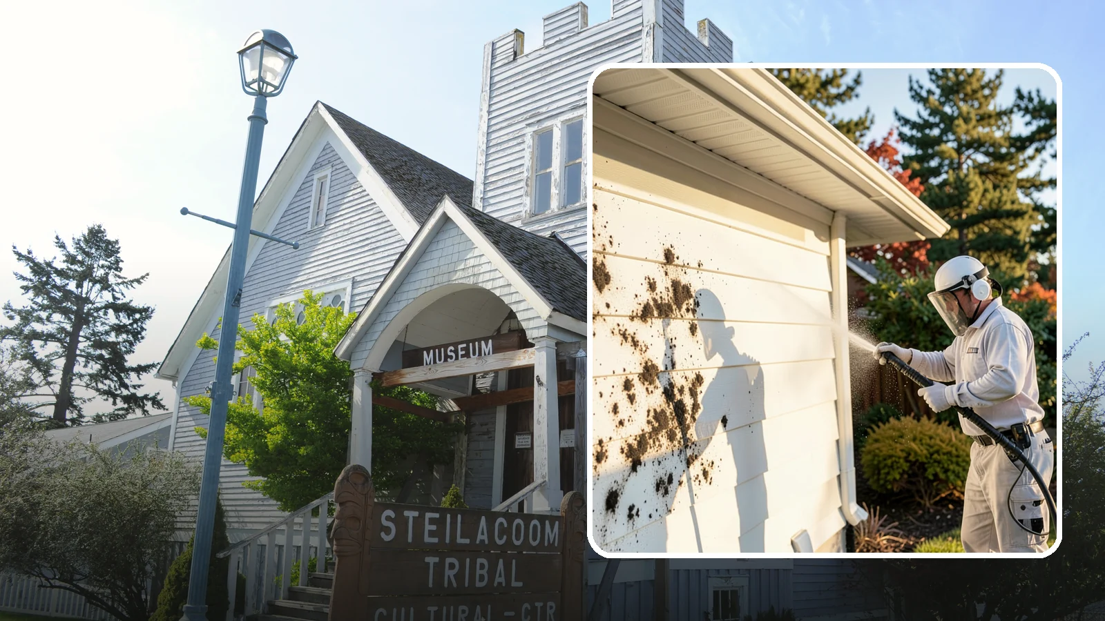 House Mold Removal in Steilacoom, Pierce County, WA - House mold removal treats the darker mold colonies that take hold on damp siding in our shaded, consistently wet conditions.