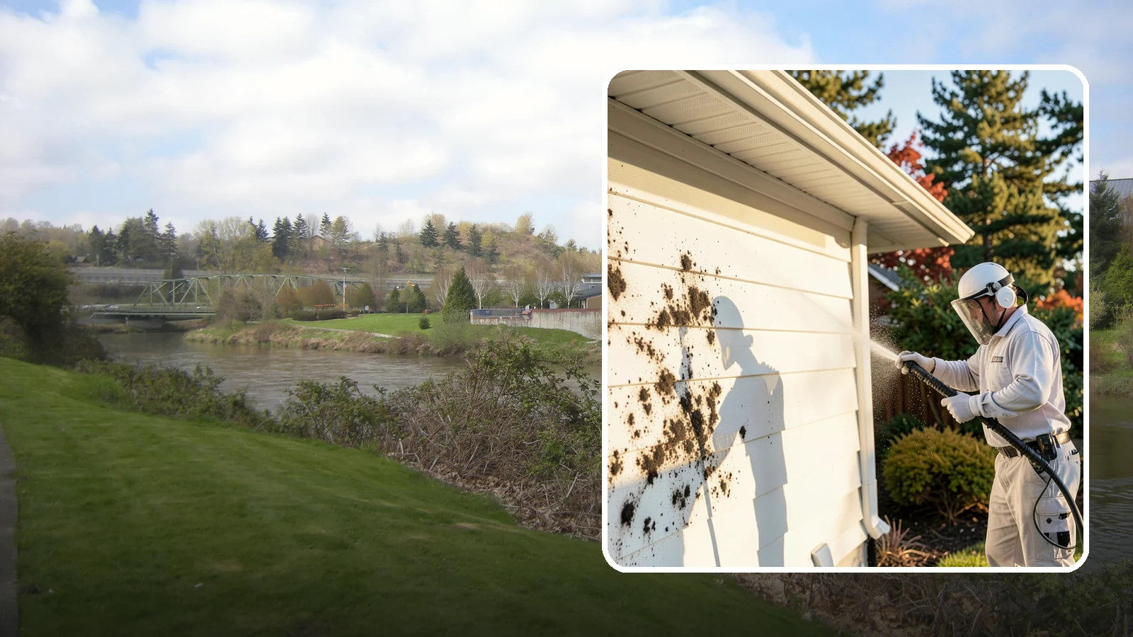 House Mold Removal in Tukwila, King County, WA - House mold removal treats the darker mold colonies that take hold on damp siding in our shaded, consistently wet conditions.