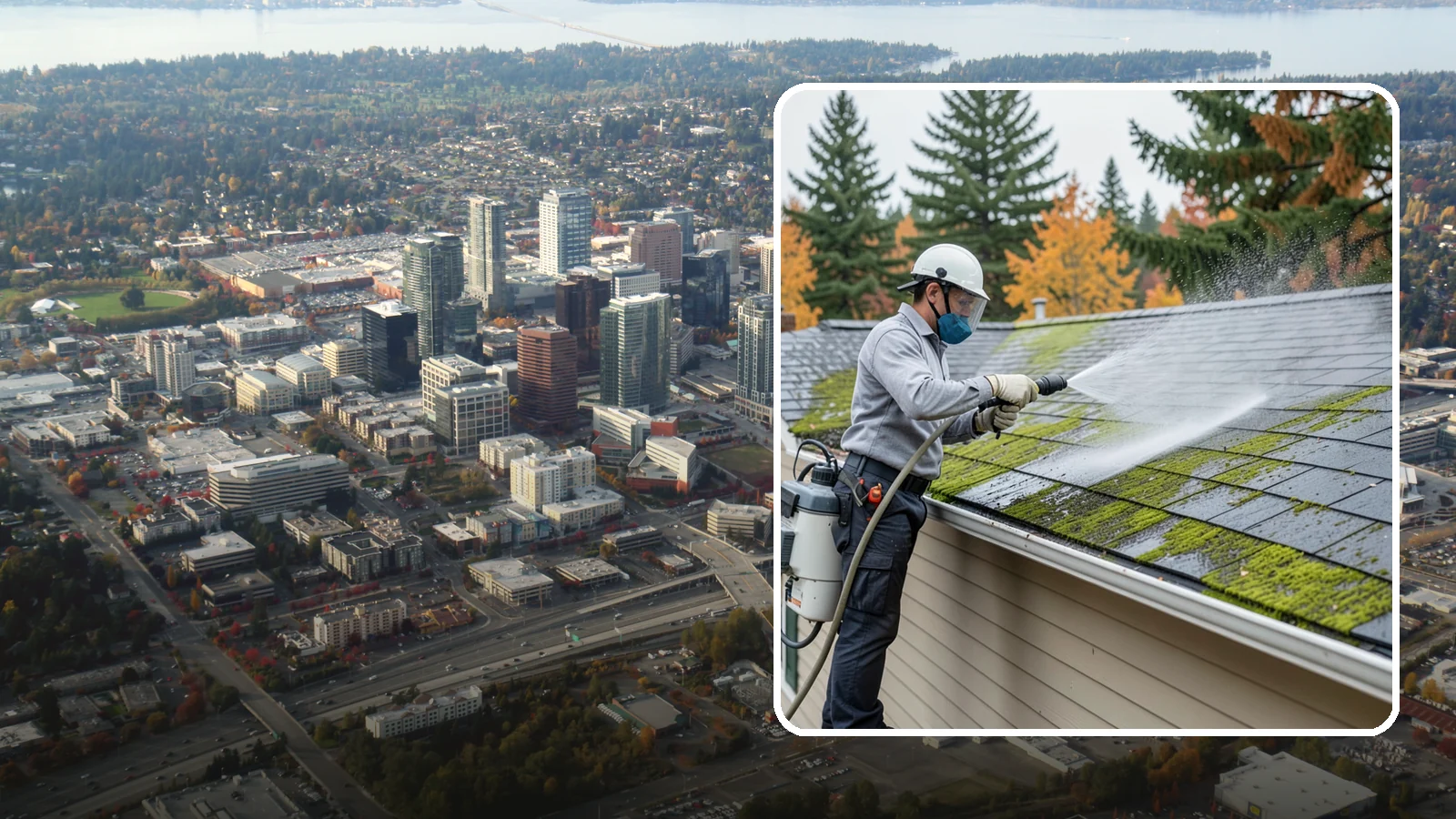 House Wash & Roof Cleaning Package in Bellevue, King County, WA - We combine a full house soft wash with a roof cleaning to tackle the two biggest algae targets on your Washington home in one...