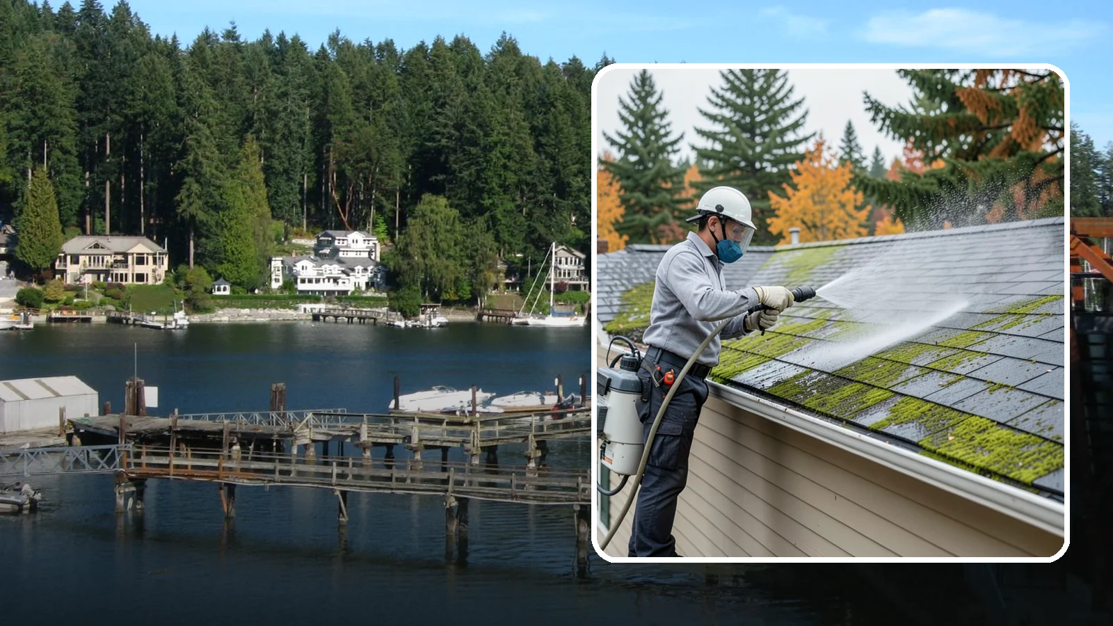 House Wash & Roof Cleaning Package in Gig Harbor, Pierce County, WA - We combine a full house soft wash with a roof cleaning to tackle the two biggest algae targets on your Washington home in one...