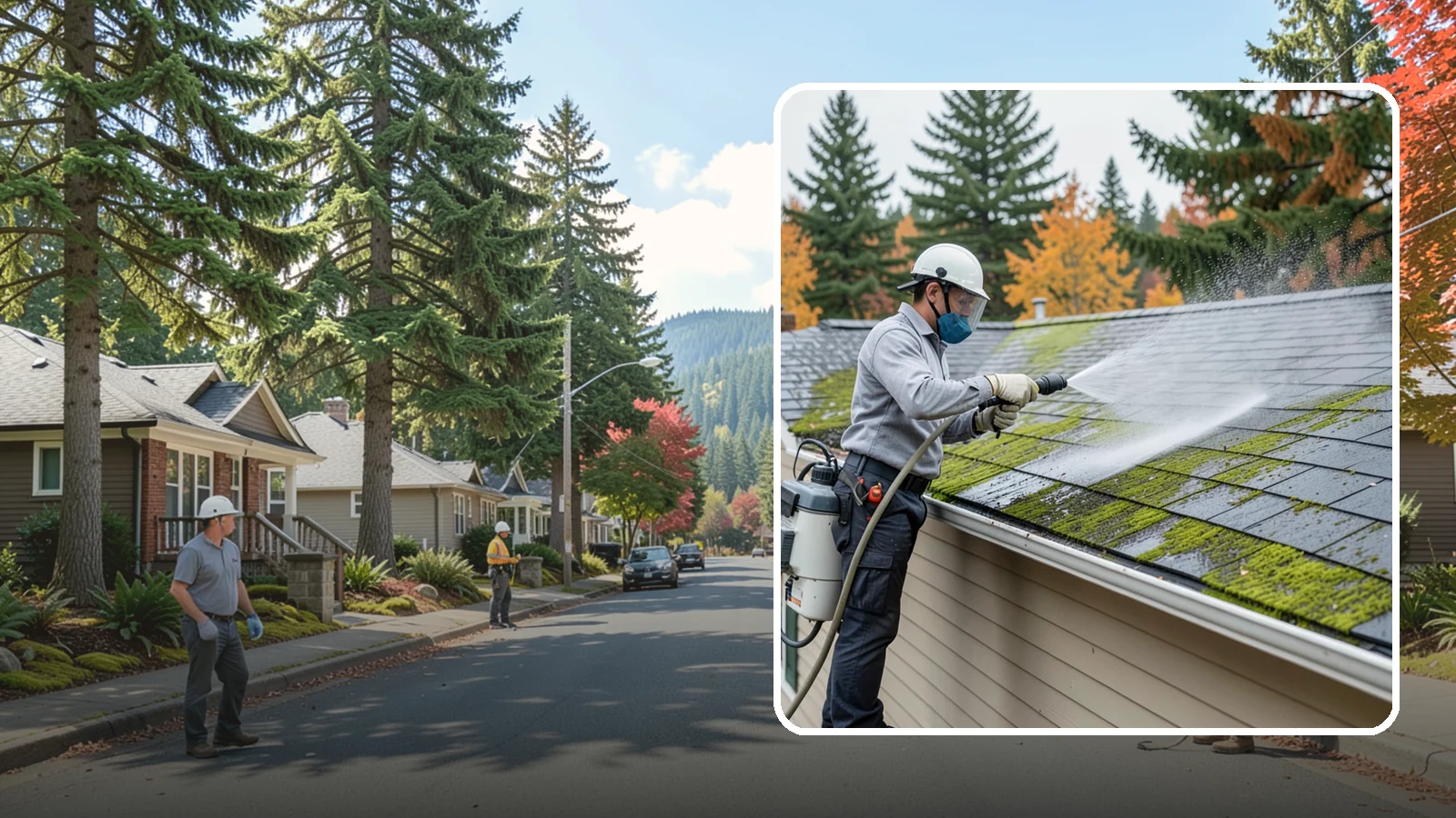 House Wash & Roof Cleaning Package in Hunts Point, King County, WA - We combine a full house soft wash with a roof cleaning to tackle the two biggest algae targets on your Washington home in one...